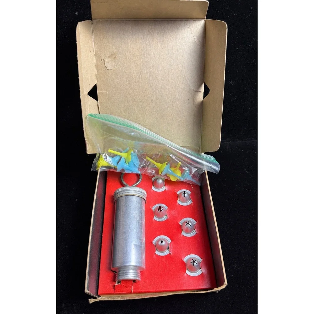 Vintage Aluminum Cake Decorator Set- Icing Syringe, 6 Metal Tips, Original Box